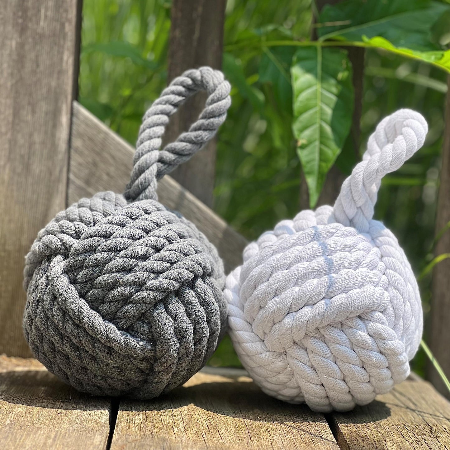 Nautical Knot Door Stopper, Set of 2, Grey and White, Natural Jute Rope, Hand Tied, Loop Handle, 6 D x 9 H inches, Weighted, 5.5 Pounds Together