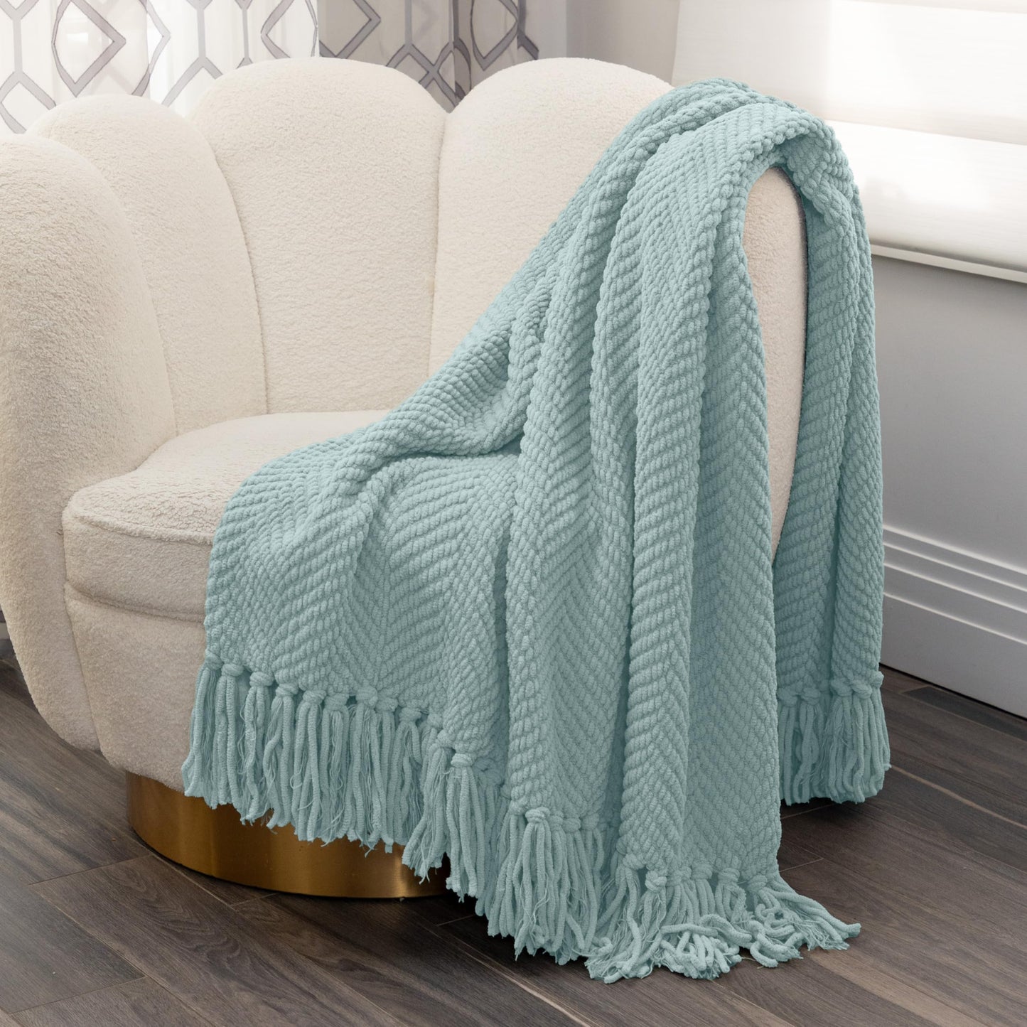 Nicole Miller Chloe Textured Soft Knit Throw Blanket with Tassels – for Home, Couch, Bed, Living Room - 50" x 60” (Ether)