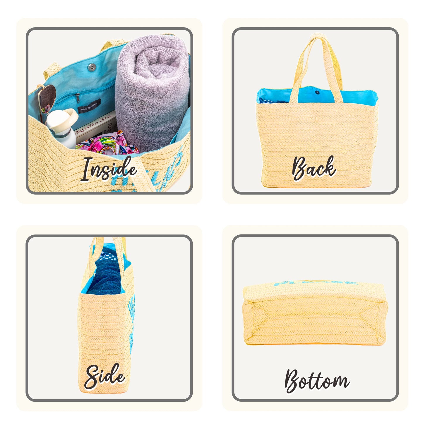 Hello Beaches: beach bags for women vacation. A packable straw bag that folds flat. A large tote bag are beach essentials. Use as a travel beach bag. Take this Beach Tote Bag on Vacation