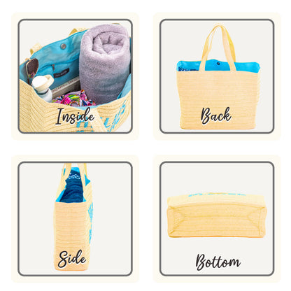 Hello Beaches: beach bags for women vacation. A packable straw bag that folds flat. A large tote bag are beach essentials. Use as a travel beach bag. Take this Beach Tote Bag on Vacation