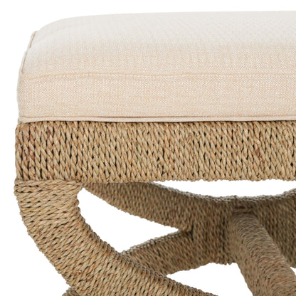 SAFAVIEH Couture Collection Aikan Coastal Natural/Beige Woven Seagrass Solid Wood Ottoman Foot Stool (Fully Assembled)