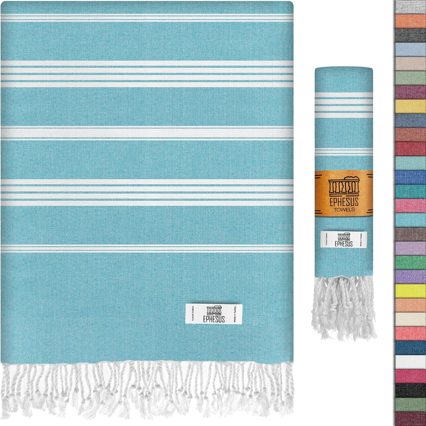 EPHESUS TOWELS Turkish Beach Towel - 38x70 inch Oversized - Sultan Design - Turkish Towel for Beach, Bath, Pool, Gym, Yoga - Prewashed, Lightweight, Quick Dry (Aqua Turquoise)