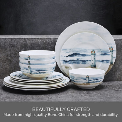 Mikasa Seaside Coastal Bone China Lightweight Chip Resistant 12 Piece Dinnerware Set, Service for 4