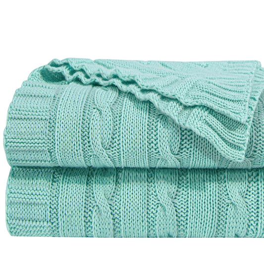 NTBAY 100% Pure Cotton Cable Knit Throw Blanket, Super Soft Warm 51x67 Knitted Throw Blanket for Couch, Sofa, Chair, Bed - Extra Cozy, Machine Washable, Comfortable Home Decor, Mint