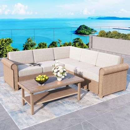 Patio Furniture Set 6 Piece, Wicker Rattan Sectional Sofa Couch with 5.5" Thick Waterproof Cushion and Coffee Table, L Shape All Weather Outdoor Conversation Set for Lawn Backyard Deck, Beige