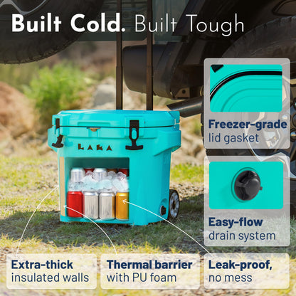 Laka Cooler with Wheels – 30QT Rotomolded Insulated Rolling Hard Cooler, Telescoping Handle, Holds 24 Cans + Ice, Up to 7 Days Cold, Drain Plug, Cup Holders + Bottle Opener, Beach/Camping | Sea Foam