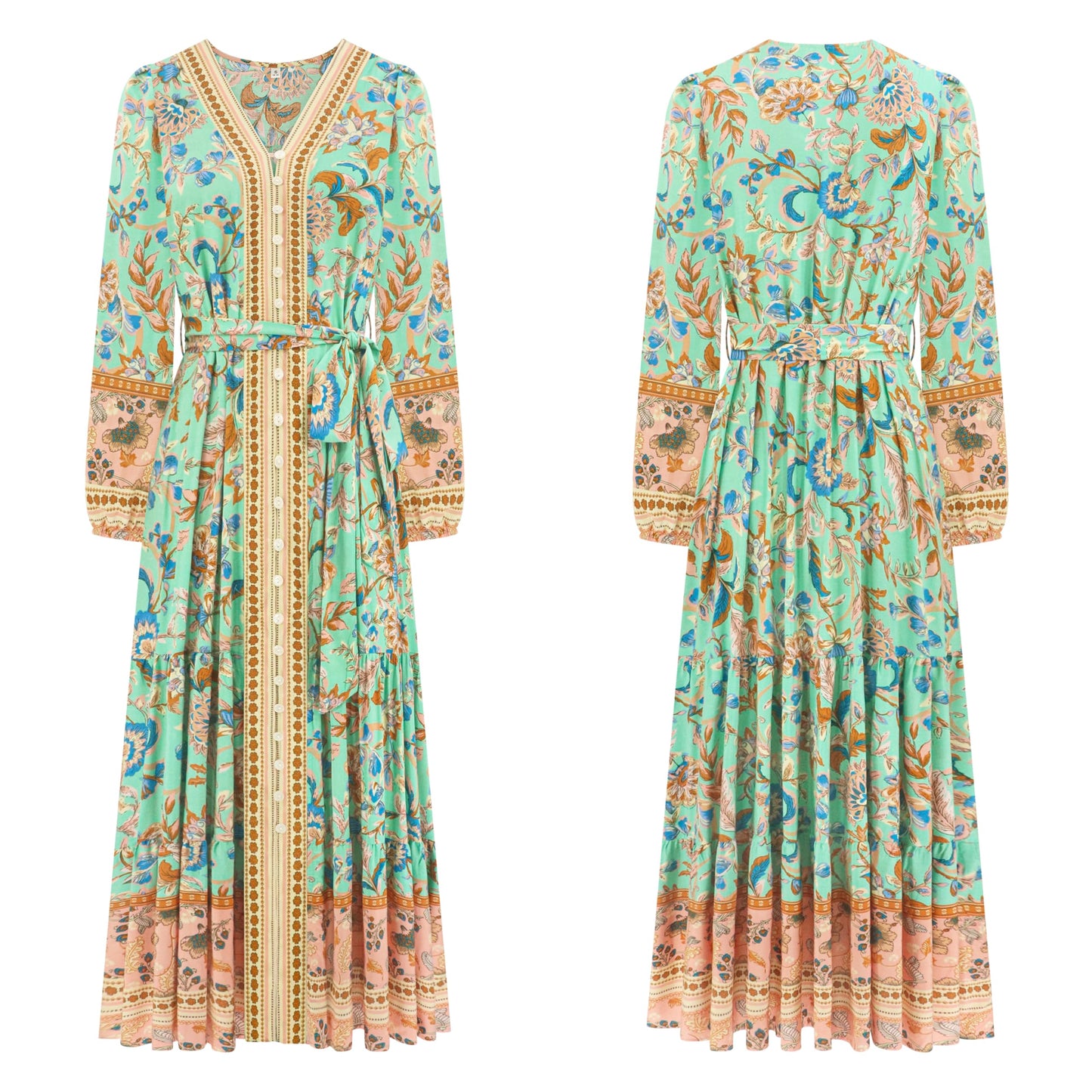 R.Vivimos Women's Long Sleeve Boho Midi Dress V Neck Floral Print Casual Button Down Loose Ruffle Beach Long Dress with Belt (X-Large, Aqua)