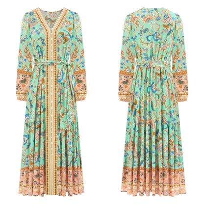 R.Vivimos Women's Long Sleeve Boho Midi Dress V Neck Floral Print Casual Button Down Loose Ruffle Beach Long Dress with Belt (X-Large, Aqua)