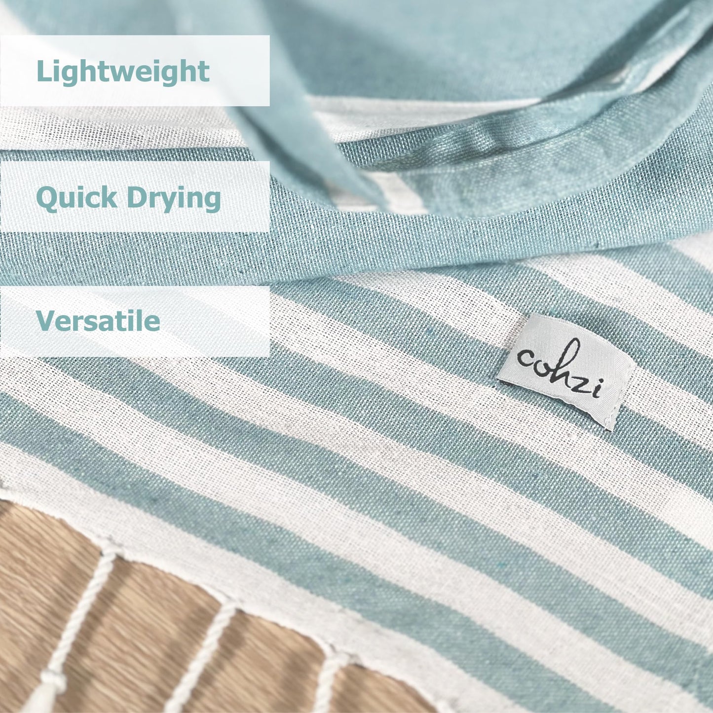 Cohzi Turkish Beach Towel and Tote - Lightweight Beach Bag and Turkish Towel Set. Pool Towel and Carry Bag. Great for Travel, Picnic, Summer Essentials. Aqua