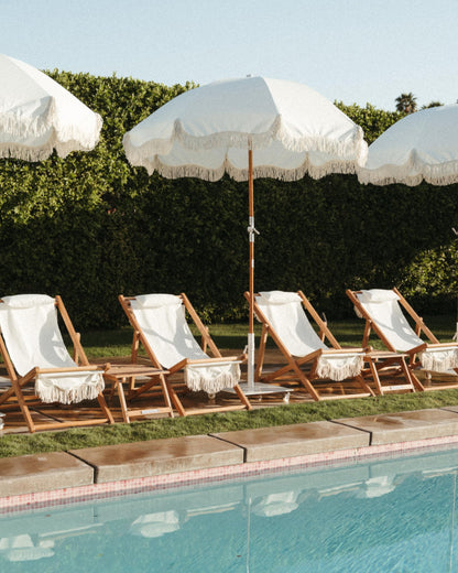 Business & Pleasure Co. Premium Beach Umbrella - Luxury Boho Beach Umbrella with White Fringe, UPF 50+ UV, Wood Pole, 6' x 7', Antique White