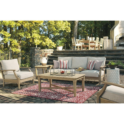 Signature Design by Ashley Clare View Outdoor Patio Sofa, 4 Throw Pillows, Nuvella Weather Resistant Fabric, Eucalyptus Wood, 81" W x 35" D x 32" H, Beige
