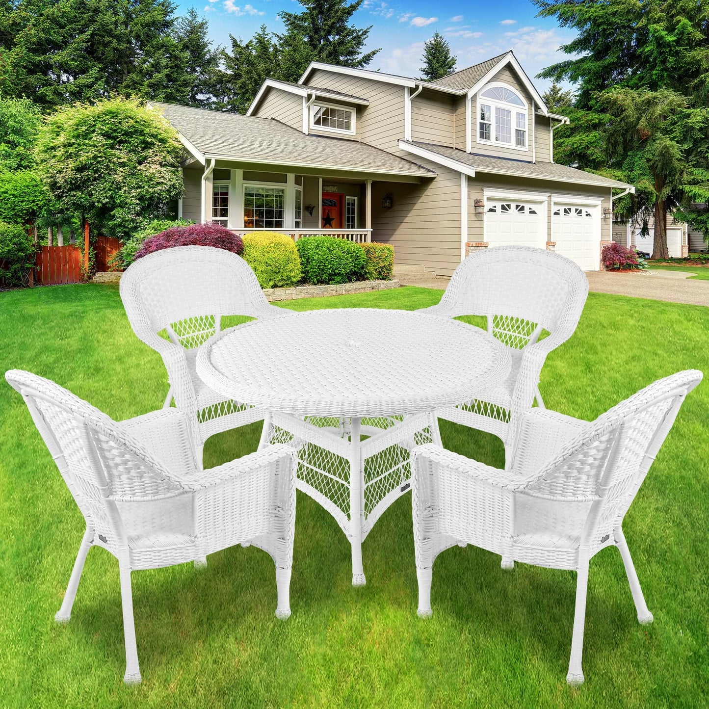 Jeco 5 Piece Wicker Outdoor Dining Set, White