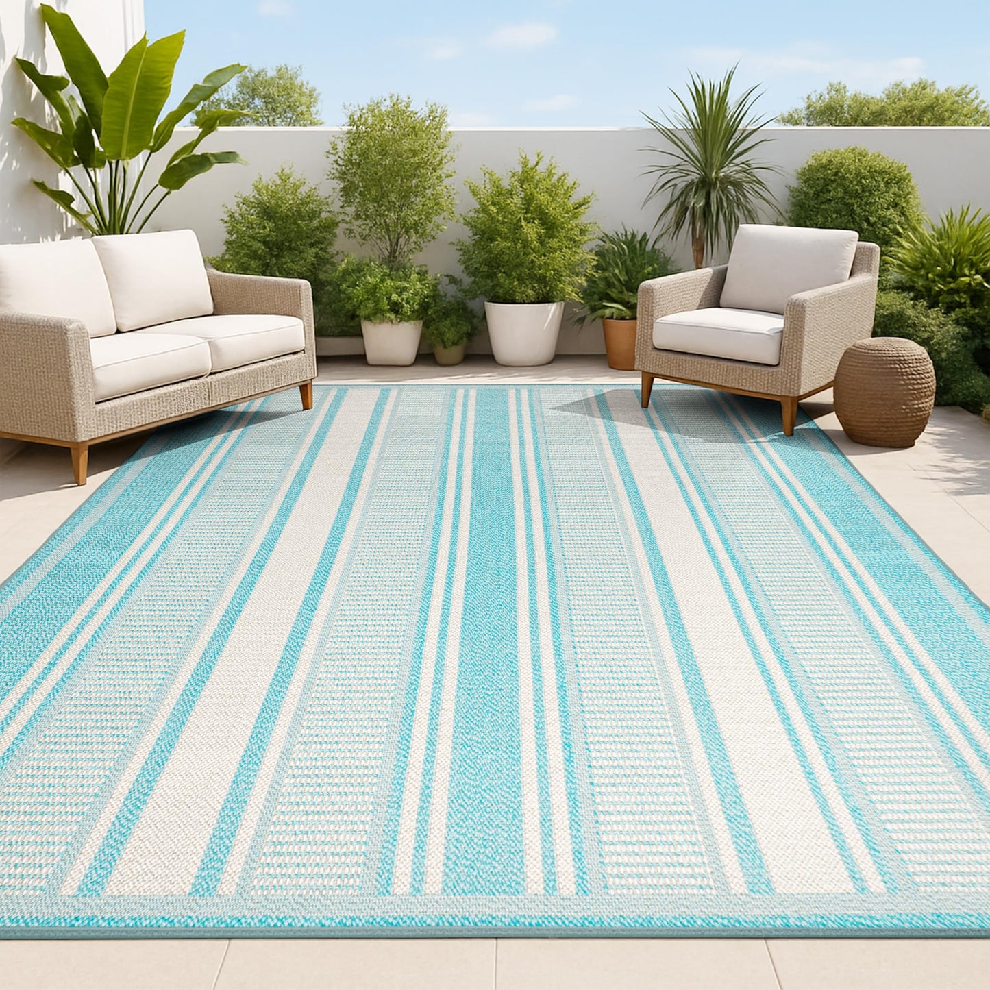 JONATHAN Y Double Stripe Indoor Outdoor Area Rug 5X8 Aqua/Beige, Haynes Modern for Backyard, Patio, Porch, Easy-Cleaning, High Traffic, Pet-Friendly, Non-Shedding (SMB202A-5)
