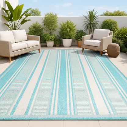 JONATHAN Y Double Stripe Indoor Outdoor Area Rug 5X8 Aqua/Beige, Haynes Modern for Backyard, Patio, Porch, Easy-Cleaning, High Traffic, Pet-Friendly, Non-Shedding (SMB202A-5)