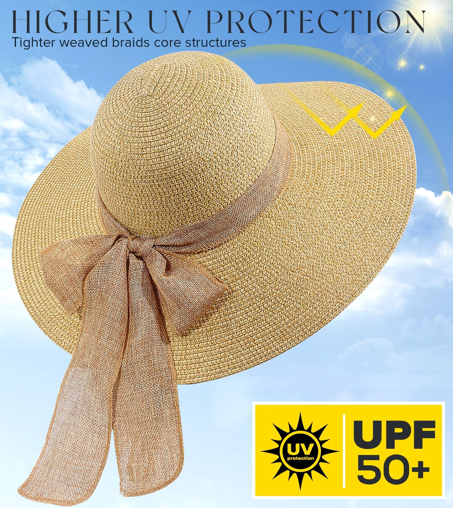 Beach Sun Hats for Women,Wide Brim Straw Hat Floppy Packable UPF 50+ UV Protection with for Summer