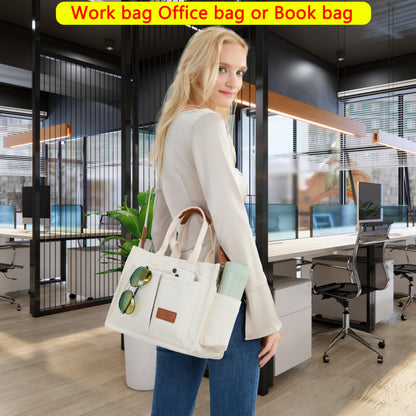 ZHMO Canvas Tote Bag for Women With Compartments and Zipper,White Women's Bags Crossbody Bags Work Laptop Tote Bag Large Satchels Handbag Tote Purse Everyday Shoulder Bag for Travel Nurse Teacher Gift