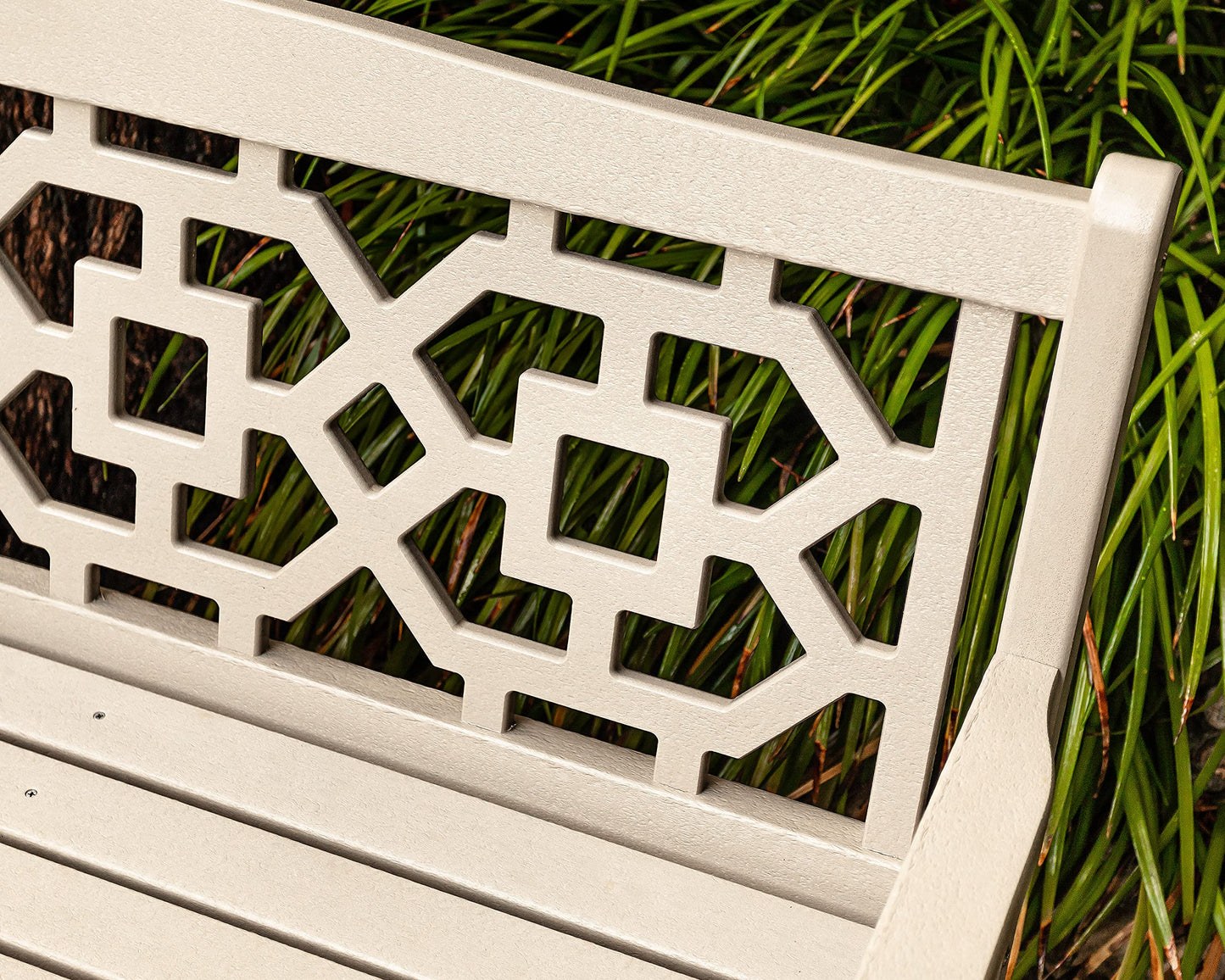 Martha Stewart by POLYWOOD Chinoiserie 48" Outdoor Bench for Patio, Porch & Backyard, Sand - Durable All-Weather HDPE Garden Seat with Back Support - Classic 2 Person Seating, Made in The USA