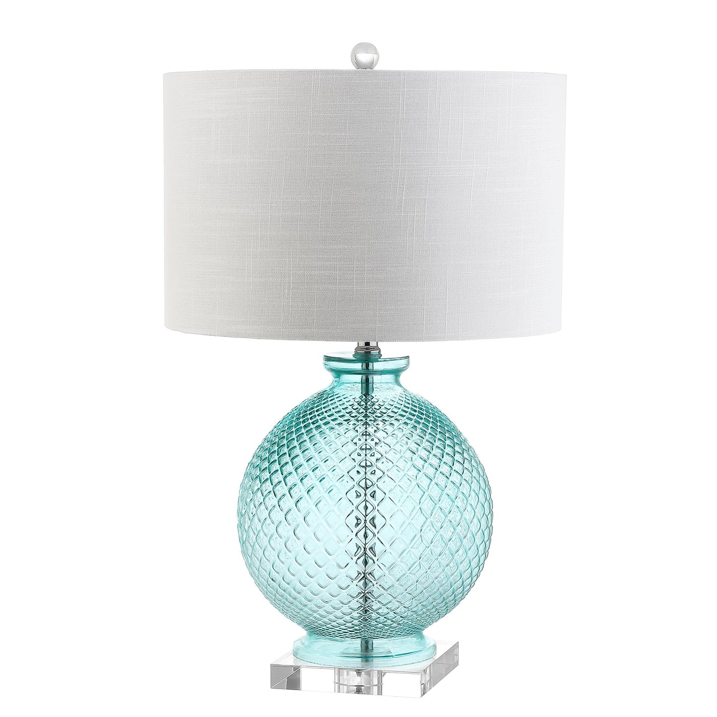 JONATHAN Y JYL2003A 26" Contemporary Glass Table Lamp, Aqua Blue Crystal Bedside Lamp for Living Room, Bedroom Nightstand, Coastal End Table Desk Lamp with White Linen Drum Shade, LED Bulb Included