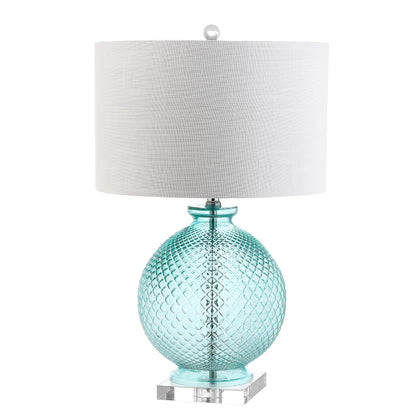 JONATHAN Y JYL2003A 26" Contemporary Glass Table Lamp, Aqua Blue Crystal Bedside Lamp for Living Room, Bedroom Nightstand, Coastal End Table Desk Lamp with White Linen Drum Shade, LED Bulb Included