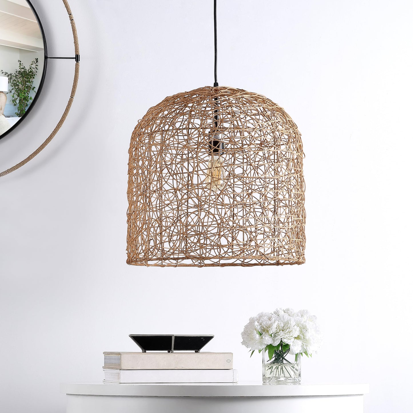 SAFAVIEH Lighting Collection Bianco Boho Coastal Tropical Natural Rattan 18-inch Pendant