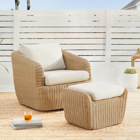 CHITA 2 Pieces Patio Wicker Furniture Set, Outdoor Rattan Chair Set with Removable Thickened Cushions, Fully Assembled(Beige Cushions with Light Brown Wicker)