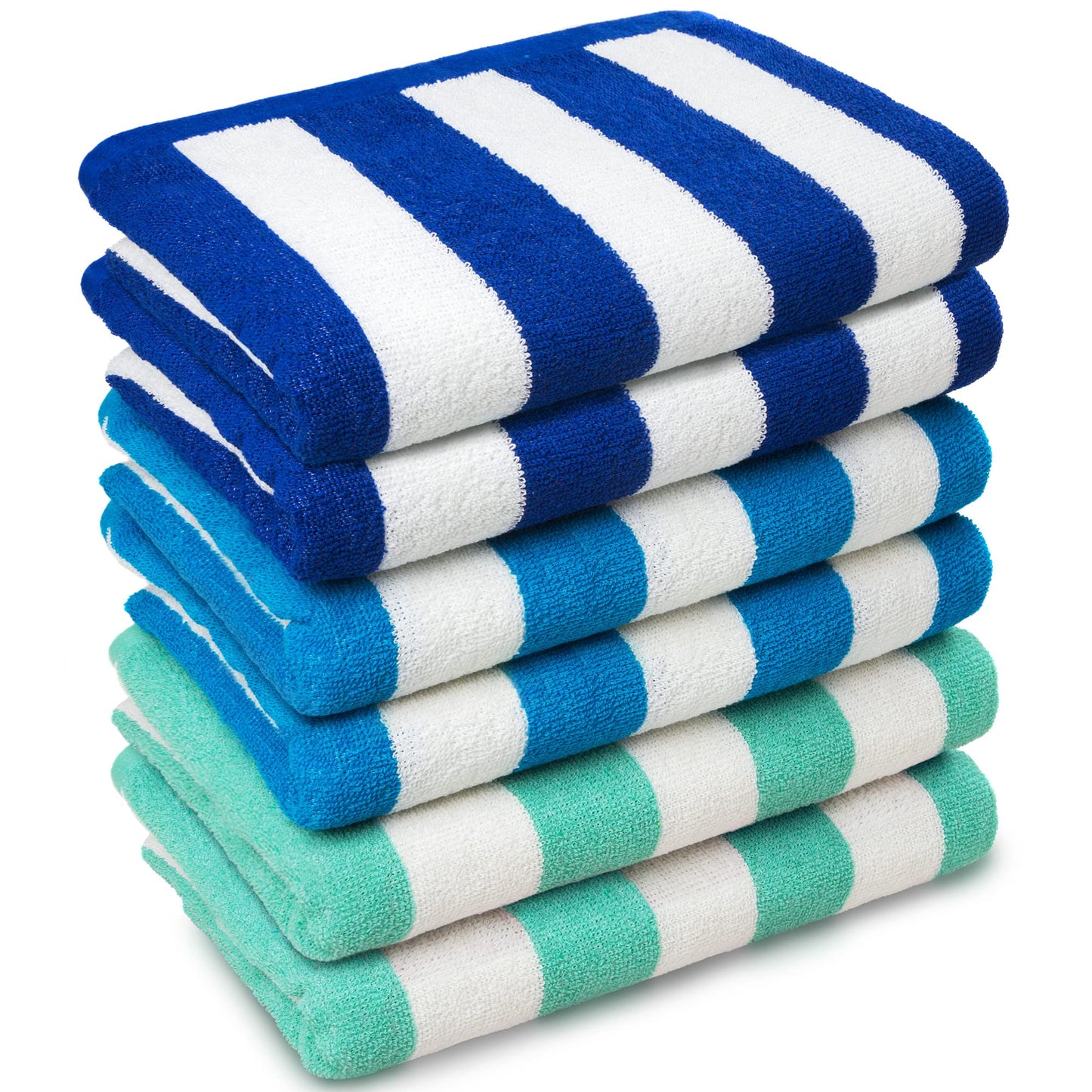 Beachland Classic Cabana Stripe Beach Towel - 30 x 60 inch - Soft Cotton Terry Resort Style Perfect for Beach and Pool (Royal-Mint-Tur, 6 Pack)