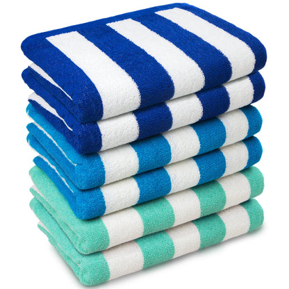 Beachland Classic Cabana Stripe Beach Towel - 30 x 60 inch - Soft Cotton Terry Resort Style Perfect for Beach and Pool (Royal-Mint-Tur, 6 Pack)