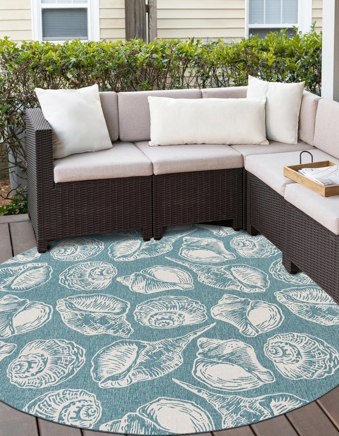 Rugs.com Outdoor Coastal Collection Rug – 10 Ft Round Aqua Flatweave-Pile Rug Perfect for Kitchens, Dining Rooms