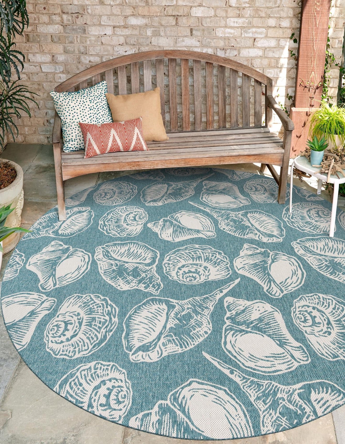 Rugs.com Outdoor Coastal Collection Rug – 10 Ft Round Aqua Flatweave-Pile Rug Perfect for Kitchens, Dining Rooms
