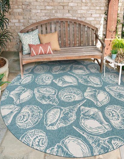 Rugs.com Outdoor Coastal Collection Rug – 10 Ft Round Aqua Flatweave-Pile Rug Perfect for Kitchens, Dining Rooms