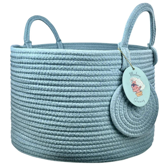 Modern Granny Small Cotton Rope Laundry Basket 16x10 Inch Dual Secure Woven Handle for Living Room Closet Clothes Blanket Organization