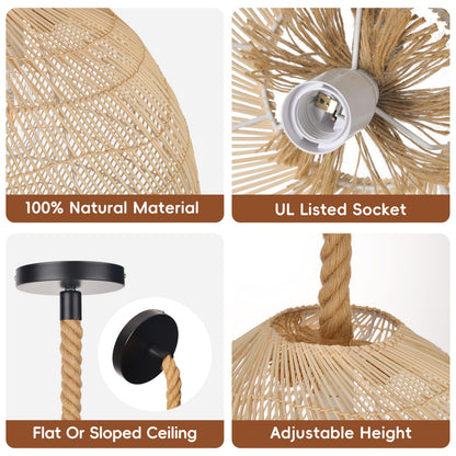 WALMHEIM 17.7" Large Farmhouse Chandeliers for Dining Room, 1-Light Rattan Boho Chandelier Light Fixture Coastal Wicker Hanging Pendant Lighting for Kitchen Island Bedroom Living Room Nursery