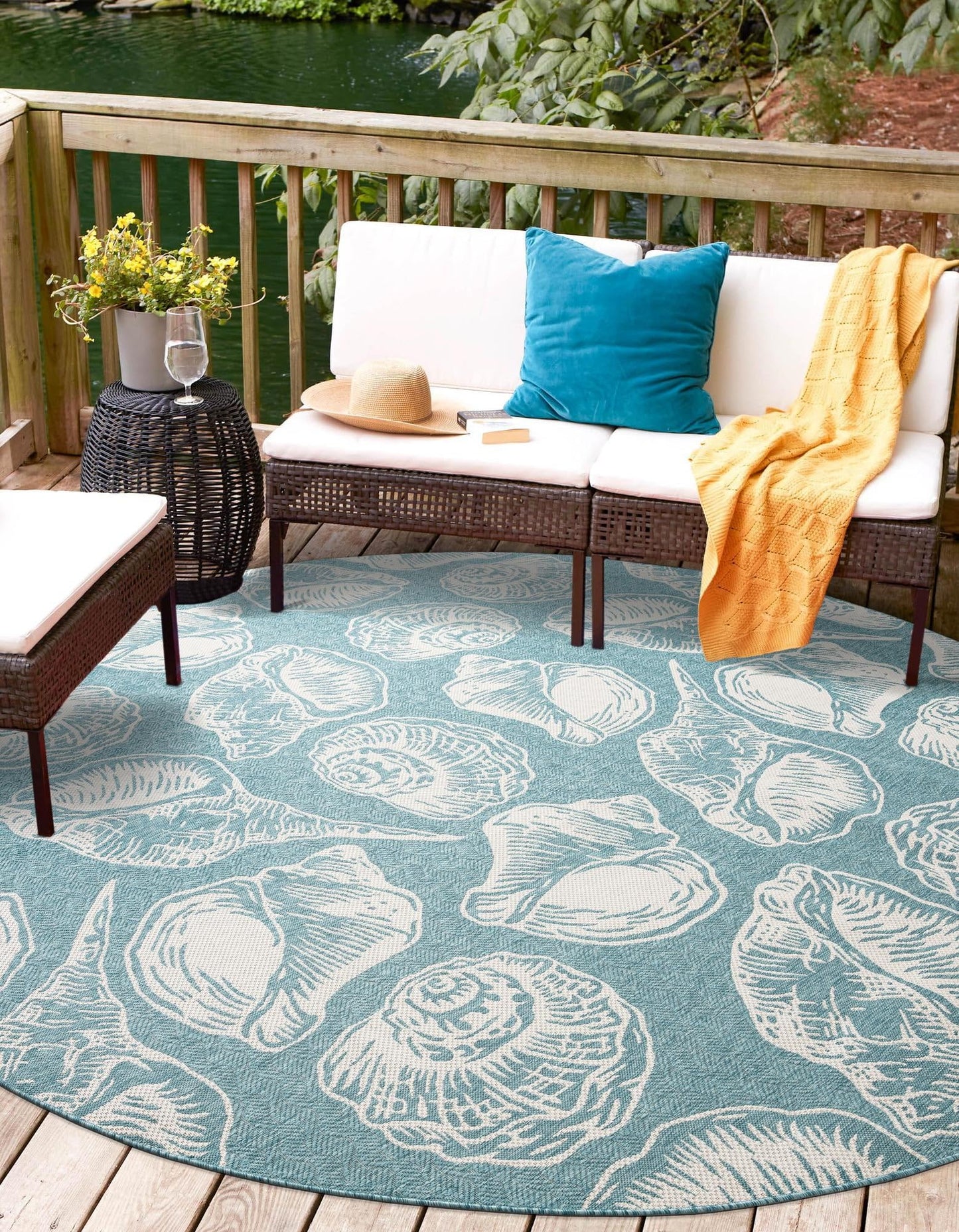 Rugs.com Outdoor Coastal Collection Rug – 10 Ft Round Aqua Flatweave-Pile Rug Perfect for Kitchens, Dining Rooms
