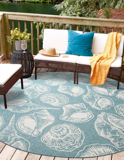 Rugs.com Outdoor Coastal Collection Rug – 10 Ft Round Aqua Flatweave-Pile Rug Perfect for Kitchens, Dining Rooms
