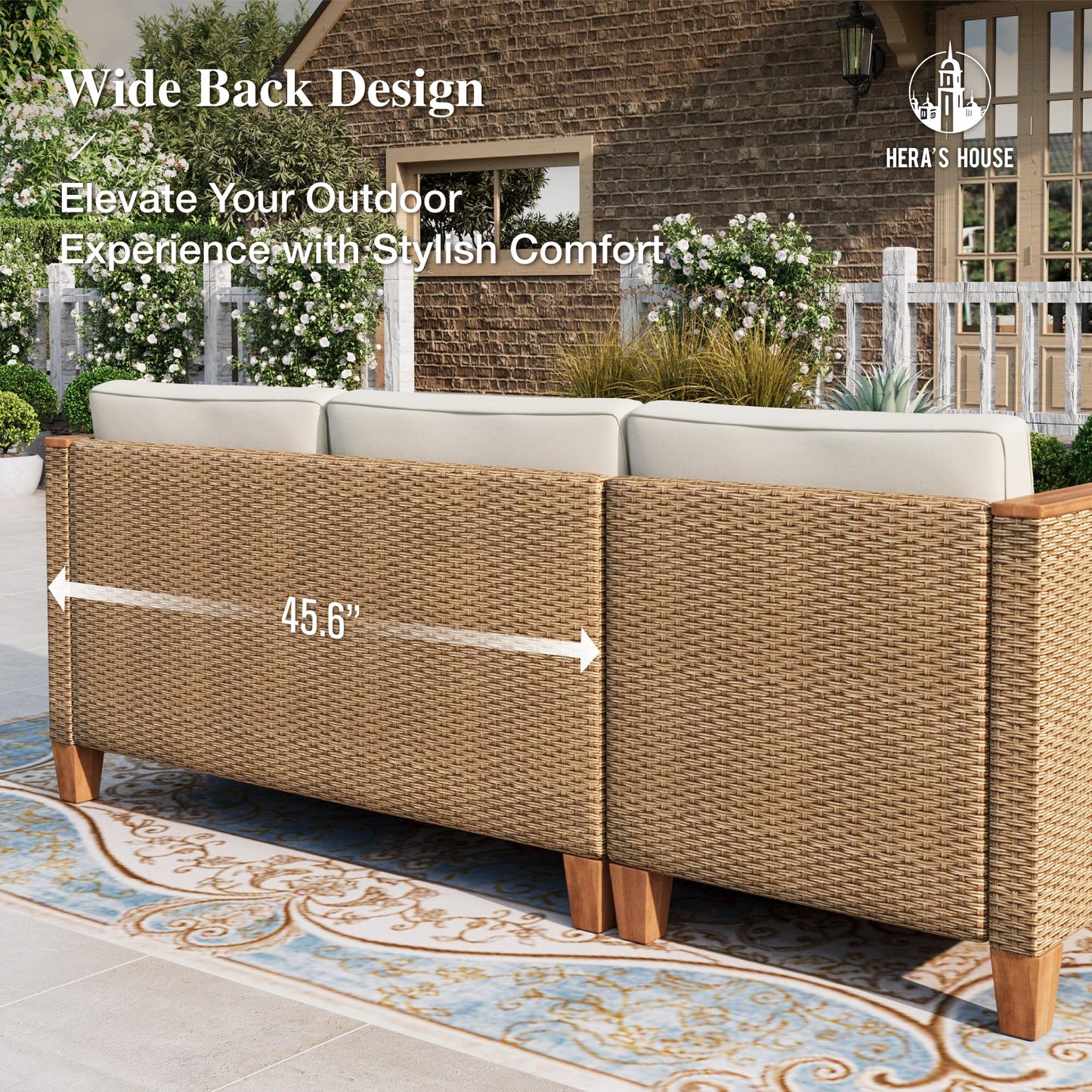 HERA'S HOUSE Small Patio Furniture Set, 3 Pieces Wicker Outdoor Sectional Sets,Yellow Rattan Conversation Set with Sofa and Coffee Table for Garden and Backyard, l Shape Boho Balcony Couch Sets