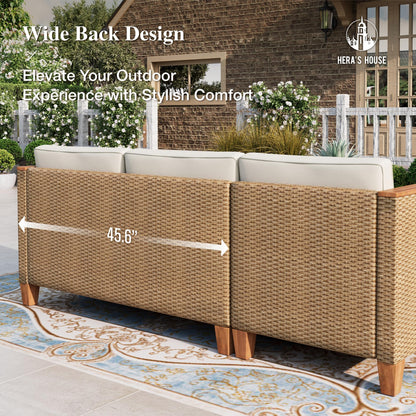HERA'S HOUSE Small Patio Furniture Set, 3 Pieces Wicker Outdoor Sectional Sets,Yellow Rattan Conversation Set with Sofa and Coffee Table for Garden and Backyard, l Shape Boho Balcony Couch Sets