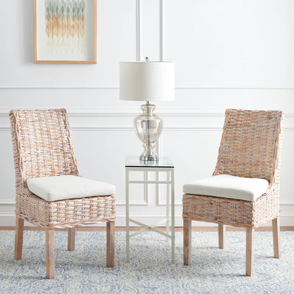 SAFAVIEH Home Collection – Suncoast Set of 2 Natural White Wash Rattan Arm Chairs with Cushions, Coastal Style Seating, Fully Assembled (FOX6540A-SET2)