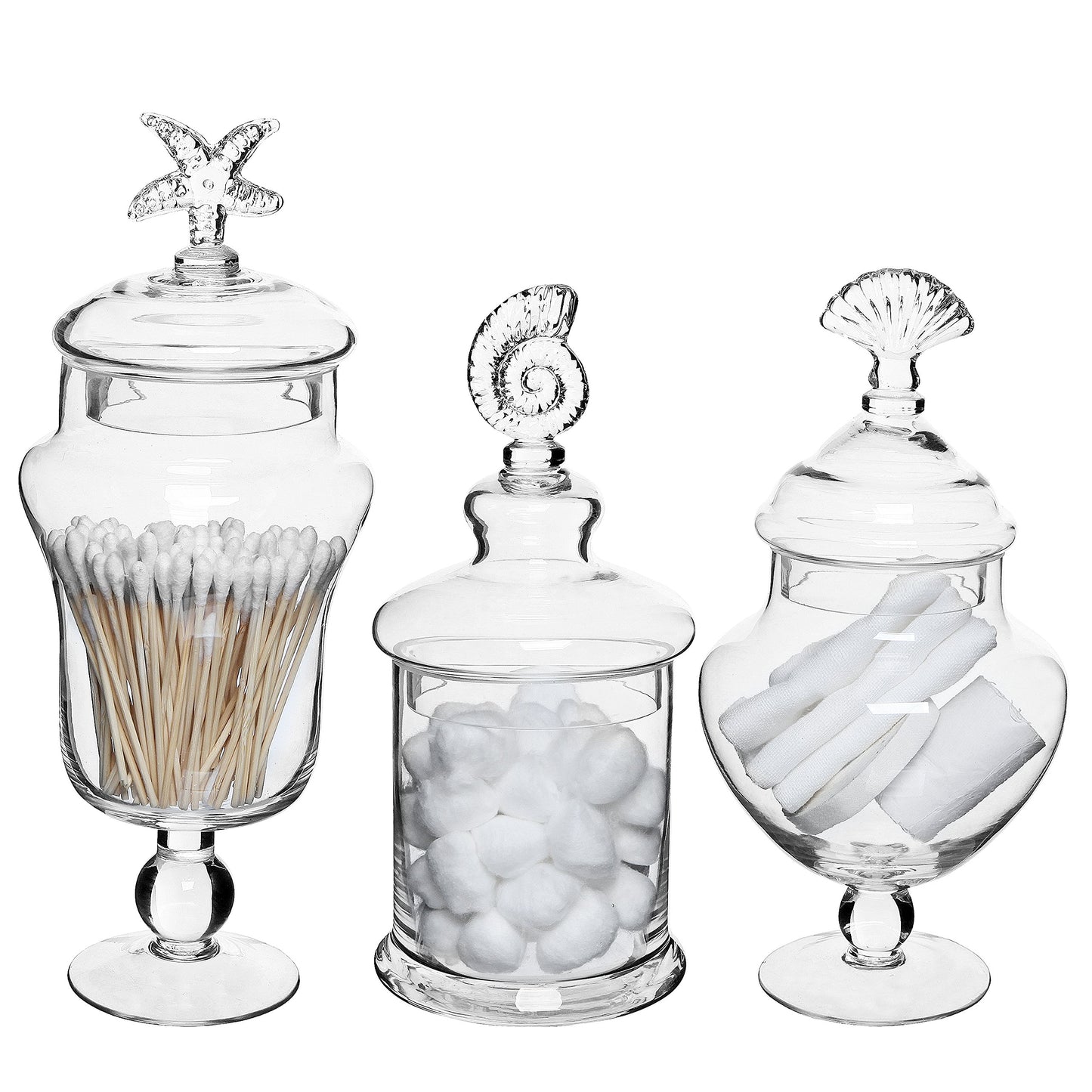 MyGift Clear Glass Apothecary Jars with Lid, Decorative Seashell Design Bathroom Canister, Footed Candy Buffet Containers, Set of 3