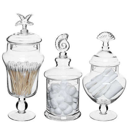 MyGift Clear Glass Apothecary Jars with Lid, Decorative Seashell Design Bathroom Canister, Footed Candy Buffet Containers, Set of 3
