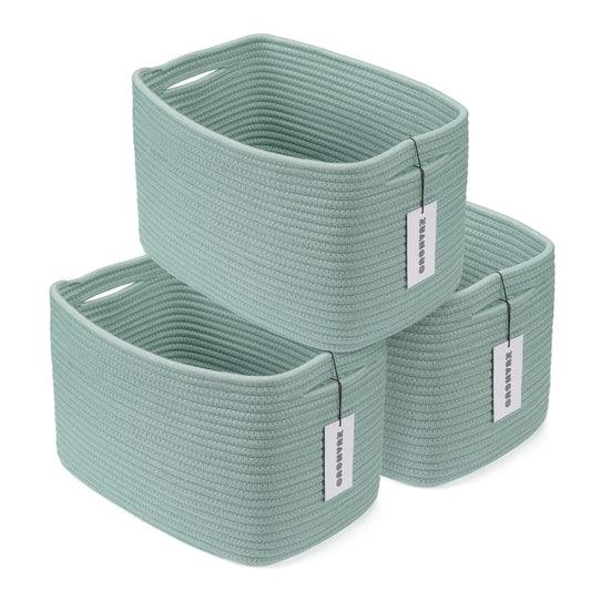 Cotton Rope storage Basket Bins Woven Basket for Organizing Shelves 15X10X9.3" Rectangle Decorative Baskets For storage Clothes Toys Books Towels Nursery basket organizer 3 pack Green
