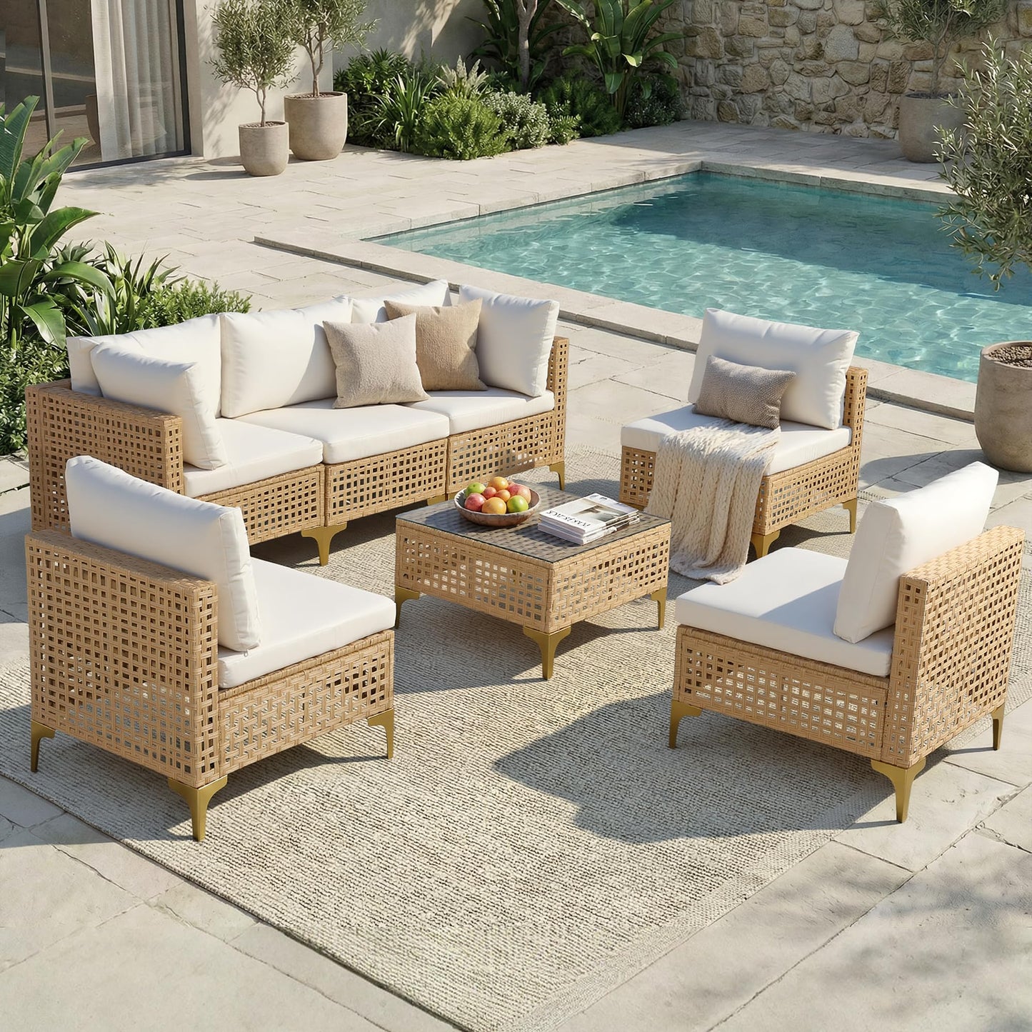 FHFO Patio Furniture Set, 7-Piece Wicker Patio Sectional Sofa Couch, Rattan Outdoor Conversation Set with Thick Cushion & Tempered Glass Coffee Table for Porch, Garden, Backyard (Yellow/Beige)