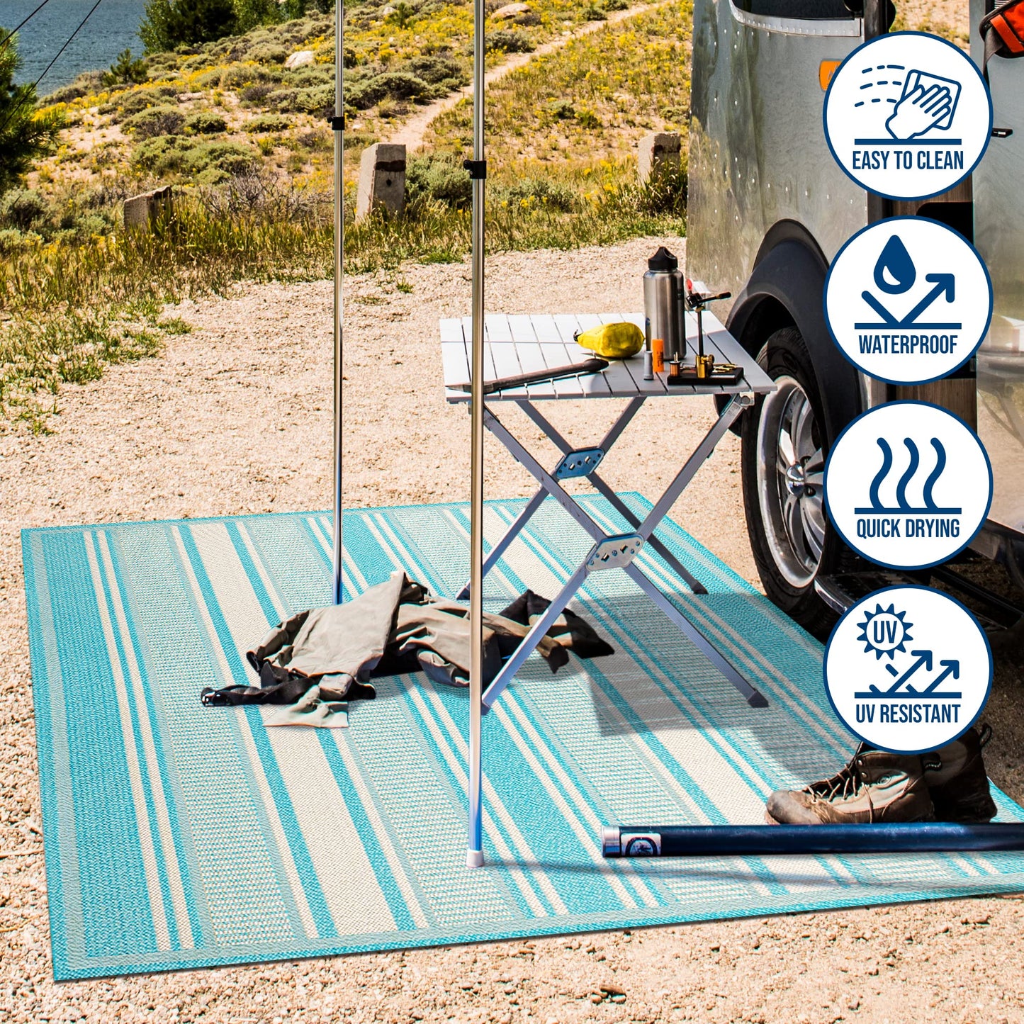 JONATHAN Y Double Stripe Indoor Outdoor Area Rug 5X8 Aqua/Beige, Haynes Modern for Backyard, Patio, Porch, Easy-Cleaning, High Traffic, Pet-Friendly, Non-Shedding (SMB202A-5)