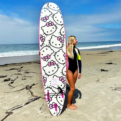 Hello Kitty 8ft Surfboard by Wavestorm | Graphic top Deck with high Density Slick Bottom | for Kids and Adults | Foam Construction with Accessories | Includes Basic Leash