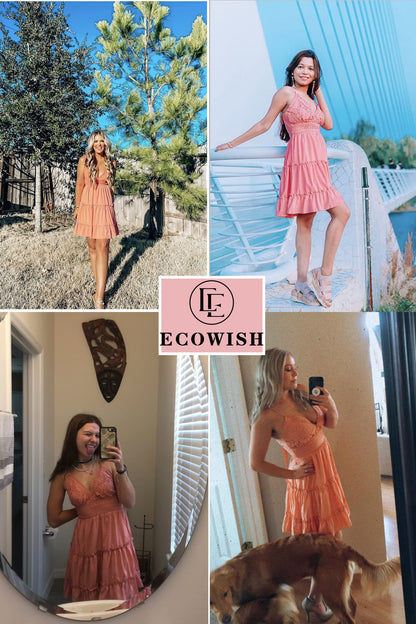 ECOWISH Summer Dresses for Women 2025 V-Neck Spaghetti Strap Bowknot Backless Sleeveless Lace Mini Swing Skater Dress Pink-1 Large