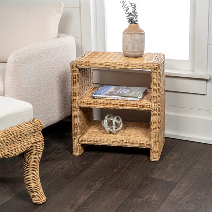 JONATHAN Y NST1000A Praerie 22" Coastal Bohemian Rattan/Wood 3 Tier End Table for Home, Living Room, Bedroom, Guest Room, Entryway, Natural