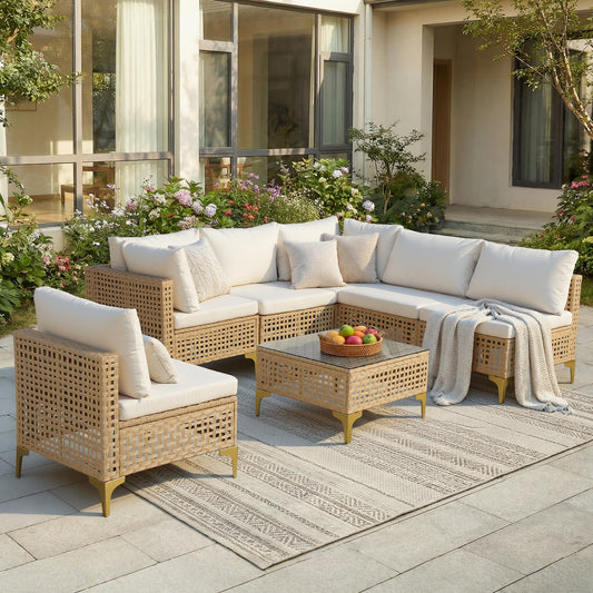 FHFO Patio Furniture Set, 7-Piece Wicker Patio Sectional Sofa Couch, Rattan Outdoor Conversation Set with Thick Cushion & Tempered Glass Coffee Table for Porch, Garden, Backyard (Yellow/Beige)
