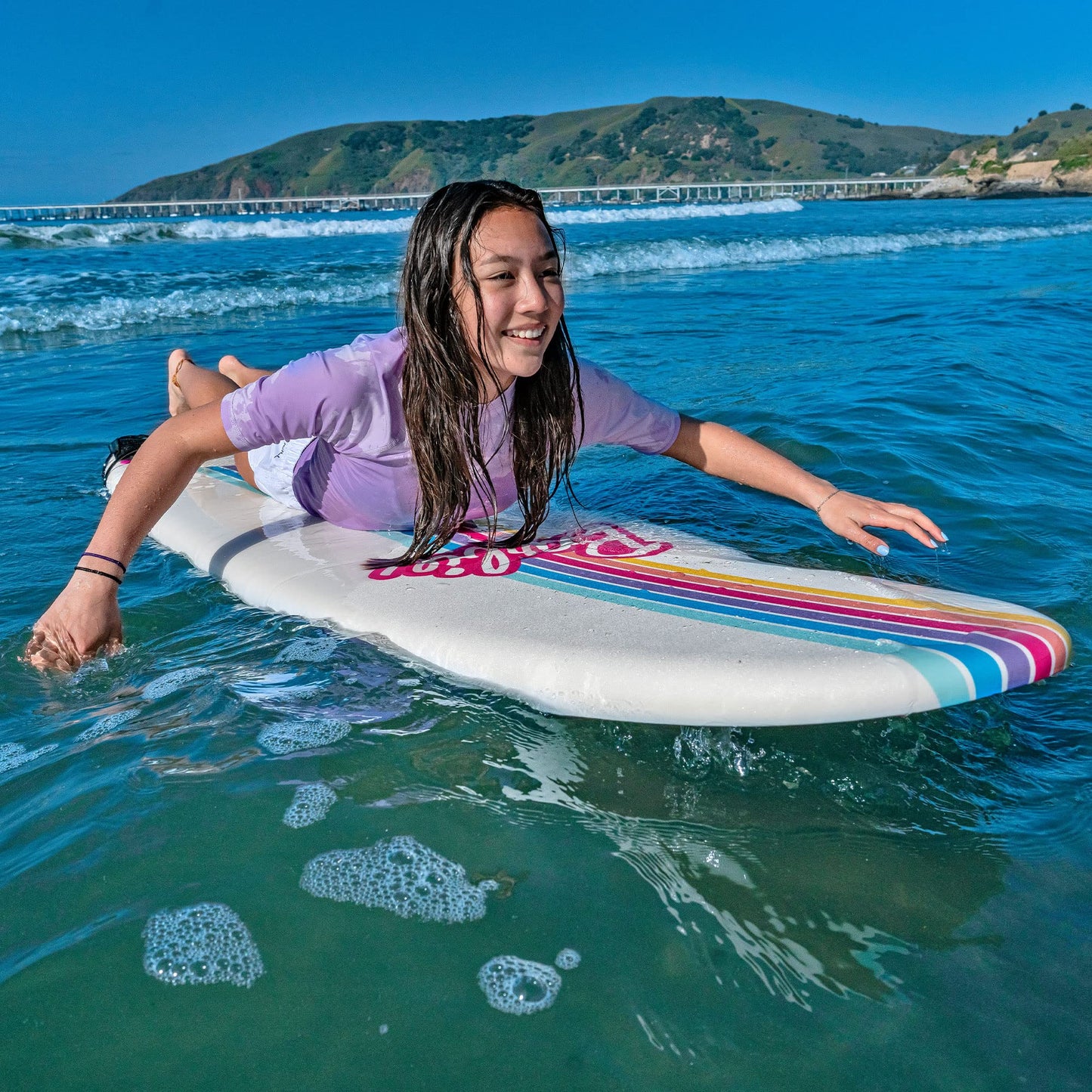 Barbie™ Signature 8ft Surfboard by Wavestorm | Graphic top Deck with high Density Slick Bottom | for Kids and Adults |Foam Construction with Accessories | Leg Leash and Fin Set Included,White