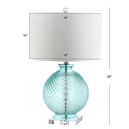 JONATHAN Y JYL2003A 26" Contemporary Glass Table Lamp, Aqua Blue Crystal Bedside Lamp for Living Room, Bedroom Nightstand, Coastal End Table Desk Lamp with White Linen Drum Shade, LED Bulb Included