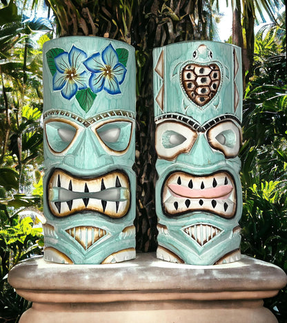 Top Brass Set of 2 – Aqua Teal Tiki Mask – Unique Hand Carved Wall Hanging or Freestanding Sculpture – Tropical Polynesian Flowers and Hawaiian Sea Turtle – Tribal Party Beach Luau Bar Decor