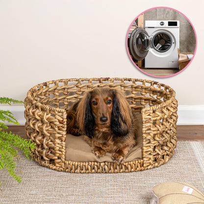 The LICKER Store DBD4000A Gigi 24" x 18" Modern Bohemian Handwoven Hyacinth Open-Weave Oval Pet Bed with Machine-Washable Cushion, Natural